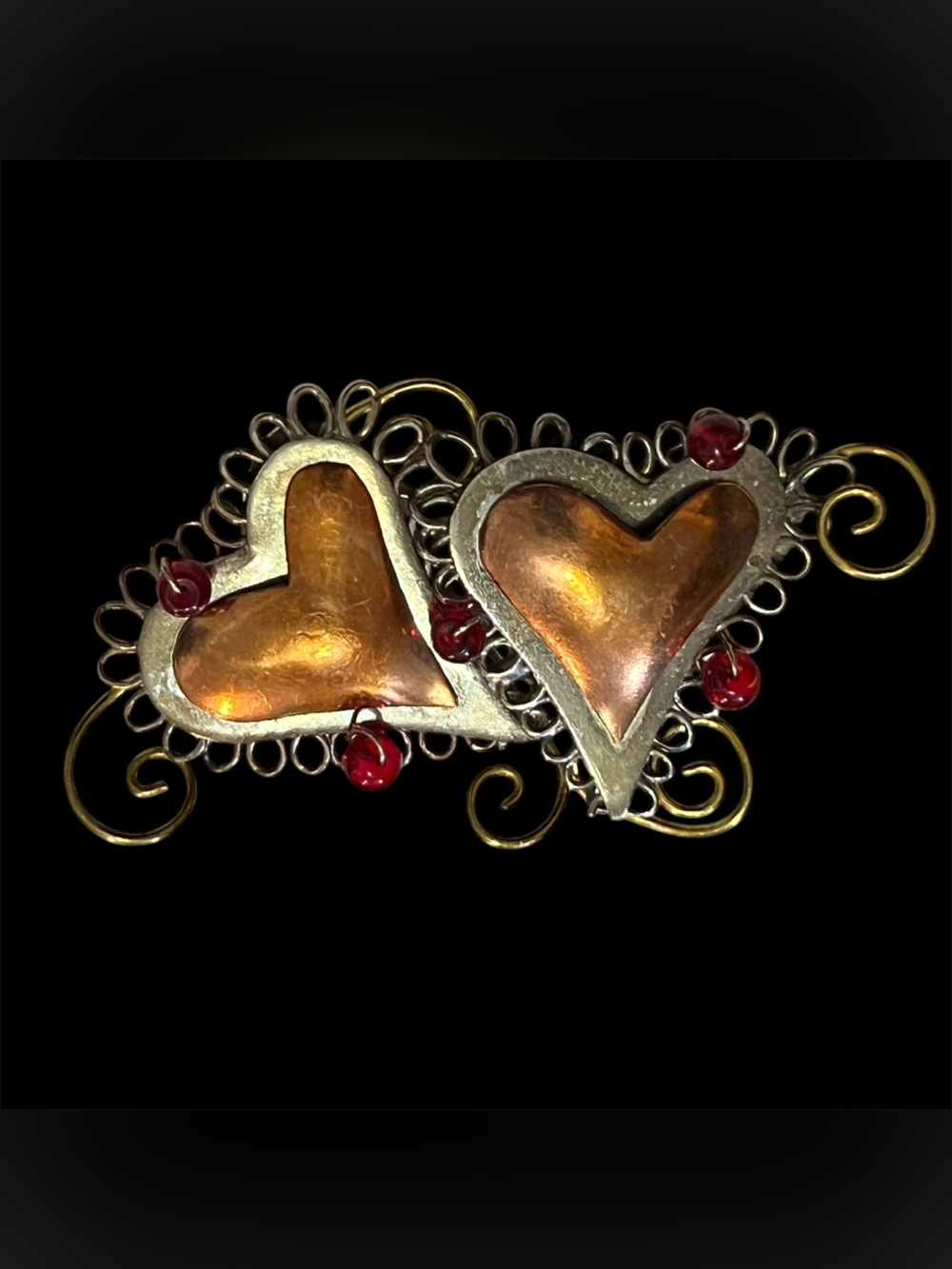 Puffy Heart Copper Brooch with Red Accent Beads